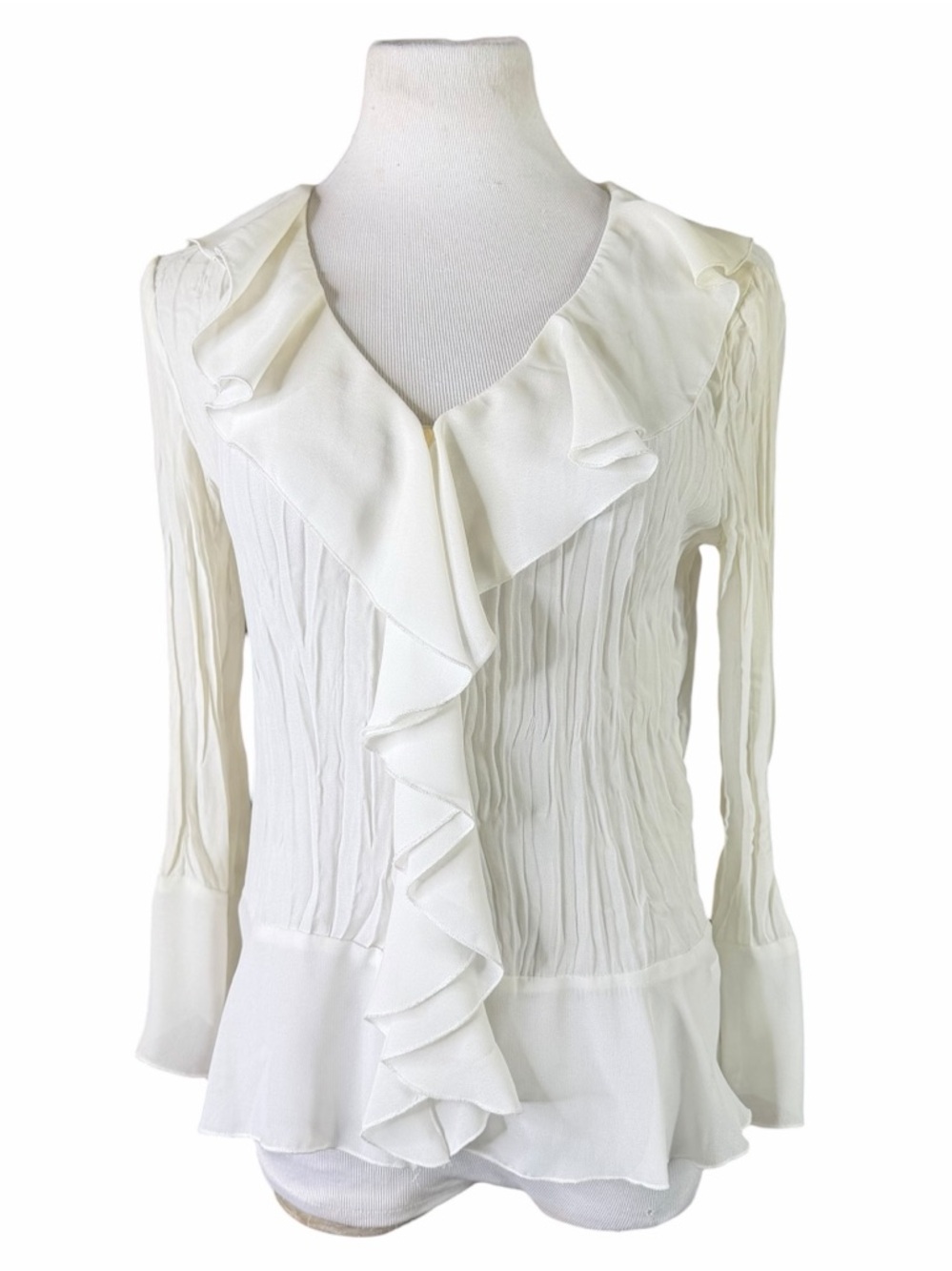 Sunny Taylor Cream Waterfall Ruffle Crinkle Long Sleeve Button Front Blouse - M - Picture 2 of 15